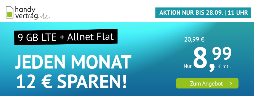 handyvertrag.de Aktionstarif - Allnet Flat Handytarif mit 9 GB LTE-Datenvolumen für nur 8,99 Euro monatlich