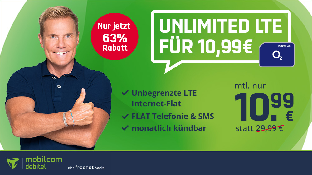 Tariftipp - mobilcom-debitel O2 Free Unlimited Basic mit 63 Prozent Rabatt