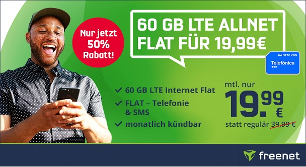 freenet green LTE  Aktionstarif: 60 GB Telefónica Allnet Flat Handytarif (monatlich kündbar) für nur 19,99 Euro