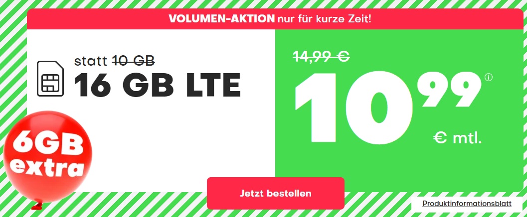 Aktionstarif von handyvertrag.de – 16 GB Allnetflat Handytarif für nur 10,99 Euro pro Monat