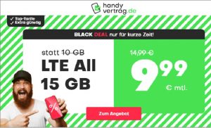 handyvertrag.de Black-Deal - Allnetflat Handytarif mit 15GB Datenvolumen für nur 9,99 Euro monatlich