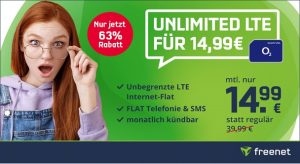 Aktionstarif freenet O2 Unlimited LTE Smart Handytarif monatlich kündbar für nur 14,99 Euro