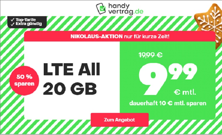 Aktionstarif von handyvertrag.de: 20 GB Allnetflat Handytarif für nur 9,99 Euro monatlich