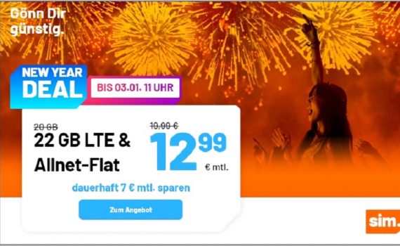Silvester Knaller-Aktionen von sim.de - 22 GB Allnetflat Handytarif für nur 12,99 Euro und 50 GB Allnetflat für nur 24,99 Euro monatlich