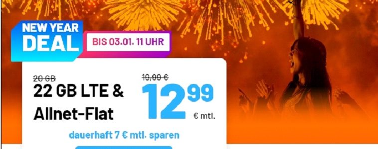 Silvester Knaller-Aktionen von sim.de - 22 GB Allnetflat Handytarif für nur 12,99 Euro und 50 GB Allnetflat für nur 24,99 Euro monatlich