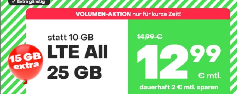 Starke Handytarife bei handyvertrag.de: 25 GB LTE Handytarif inklusive Allnet-Flat für lediglich 12,99 Euro pro Monat