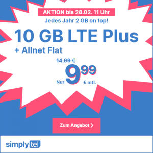 Die aktuellen Plus-Handytarife von simplytel - Bis zu 5 GB Datenvolumen pro Vertragsjahr geschenkt bekommen