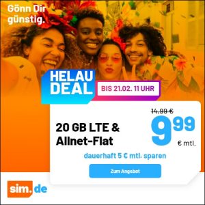 Tariftipp: Fastnacht-Deal Angebote bei sim.de: Günstige LTE Allnetflat-Handytarife ab 10 GB für nur 6,99 Euro bis 50 GB für nur 19,99 Euro monatlich