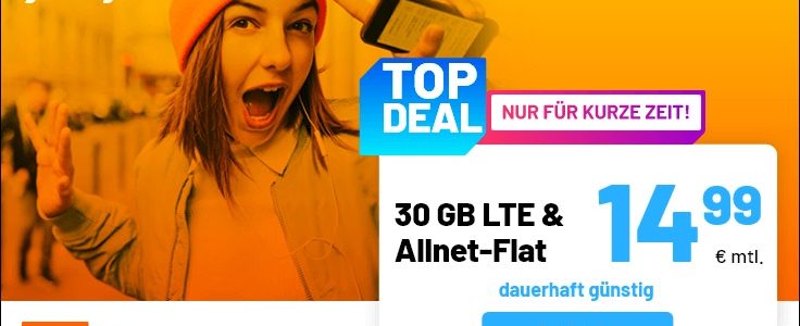 Aktionstarif von sim.de - 30 GB LTE Allnetflat Handytarif für nur 14,99 Euro im Monat