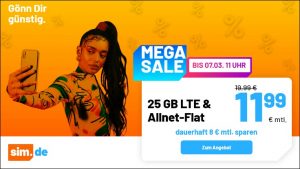 Super Sale bei sim.de - LTE Handyvertrag mit 25 GB für nur 11,99 Euro monatlich