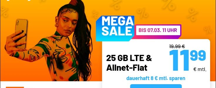 Super Sale bei sim.de - LTE Handyvertrag mit 25 GB für nur 11,99 Euro monatlich