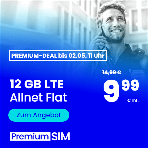 Aktionstarife von PremiumSIM - Allnetflat Handytarife von 12 GB Datenflat für nur 9,99 Euro bis 60 GB Datenflat für nur 29,99 Euro monatlich