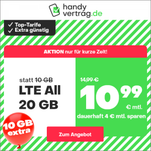 Aktion von handyvertrag.de: LTE-Handytarif mit 20 GB für nur 10,99 Euro monatlich