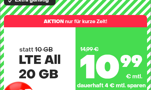 Aktion von handyvertrag.de: LTE-Handytarif mit 20 GB für nur 10,99 Euro monatlich