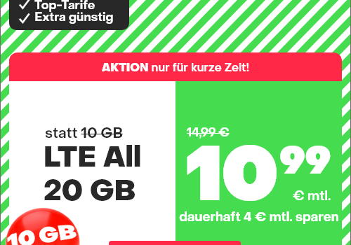 Aktion von handyvertrag.de: LTE-Handytarif mit 20 GB für nur 10,99 Euro monatlich